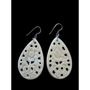 Vintage Hand Carved Teardrop Earrings Sterling Silver Hook